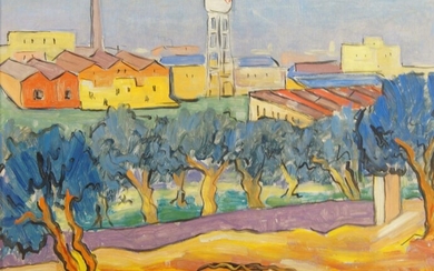 Testi, Italian school, mid-20th century- View of a factory; oil on board, signed and dated 'Testi R / 54' lower right, 39.5 x 49.5 cm Provenance: Dreweatts, 9/12/21, Lot 124