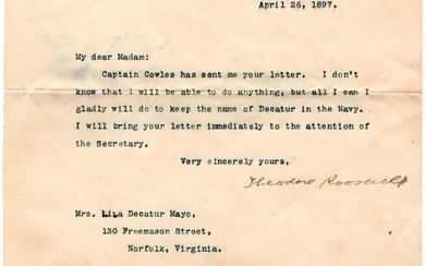 Theodore Roosevelt Writes to Grandniece of Commodore Stephen Decatur
