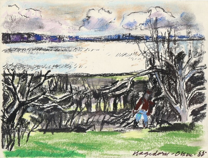 Thorvald Hagedorn-Olsen: Landscape. Signed Hagedorn-Olsen 88. With dedication. Pastel on paper. Sheet size 21×27 cm.