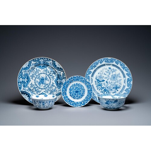 Three Chinese blue and white dishes and two bowls, Kangxi an...