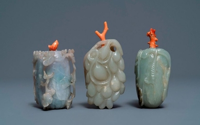 Three Chinese jade snuff bottles with coral stoppers,...