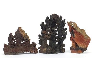 Three Chinese soapstone landscape carvings including one of ...