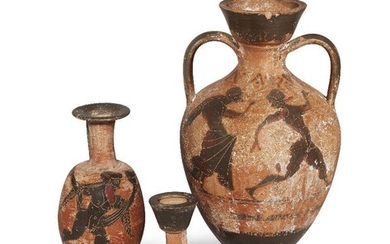 Three Greek style pottery vessels, including an amphora with dancing figures, 26cm; a jar with everted rim with dancing Dionysus holding a drinking horn, 16.5cm and a squat lekythos with two facing cockerels, 11.1cm, Not Ancient (3) Provenance:...