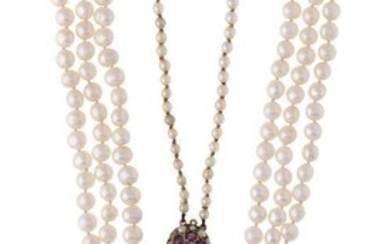 Three cultured pearl necklaces, one fresh water cultured (3) the first a double graduated row to a gold, amethyst and seed pearl cluster clasp, length 62cm; the second a single graduated row to a marcasite cluster clasp, length, 38cm and a...