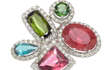 Tourmaline, Diamond, White Gold Ring Stones: Pear, cushion, oval,...