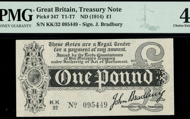 Treasury Series, John Bradbury, first issue £1, ND (7 August 1914), serial number KK/32 095449,...