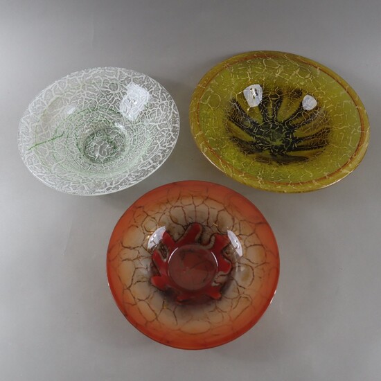 Trois bols Ikora - WMF, Geislingen, technique de décoration de Karl Wiedmann, verre transparent à...