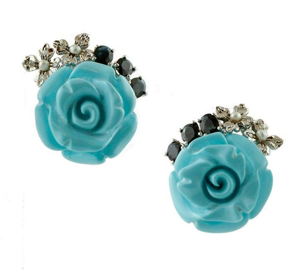 Turquoise Roses, Diamonds and Blue Sapphires Earrings