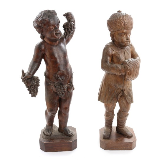 Two 18th century Baroque allegorical carved oak figures of autumn and winter. H. 77 and 79 cm. (2)