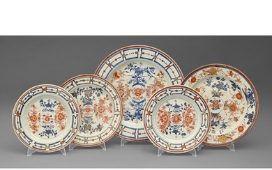 Two Chinese Imari dishes and three plates, en suite with the...