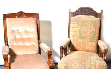 Two Edwardian easy chairs.