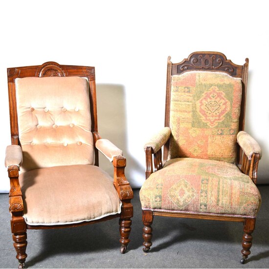 Two Edwardian easy chairs.
