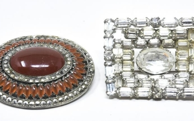 Two Vintage Rhinestone & Carnelian Brooch Pins