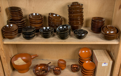 Two shelves of Japanese lacquer ware