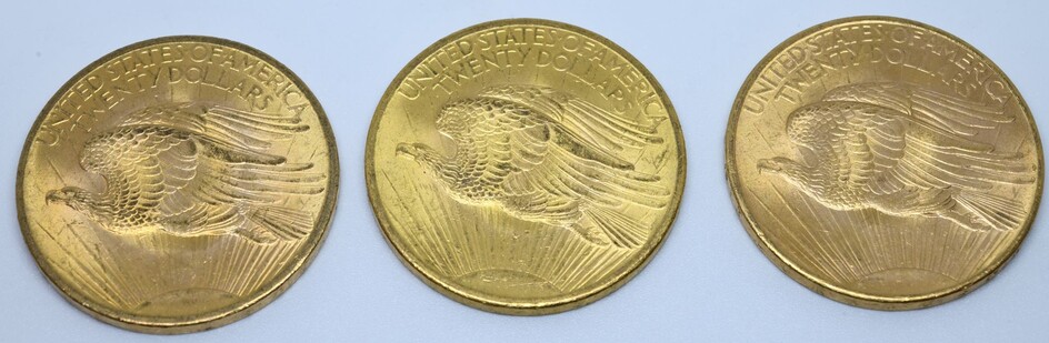 USA.Trois pièces 20 dollars or. 1907 et 1908...