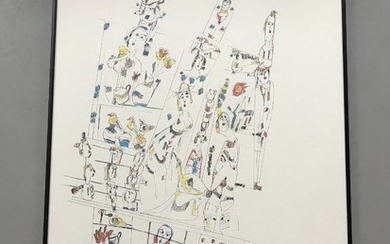 Ulrik Witt: Composition with momen and birds. Signed Ulrih Witt 2002. Ink and watercolour on paper. 70×50 cm.