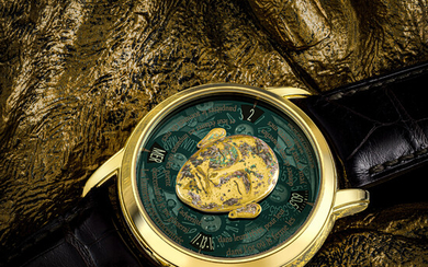 VACHERON CONSTANTIN. AN IMPRESSIVE AND EXTREMELY RARE 18K GOLD LIMITED EDITION AUTOMATIC WRISTWATCH WITH DAY, DATE AND 18K GOLD HAND ENGRAVED MICRO SCULPTURE OF A CHINESE QIDAN ANTIQUE MASK FROM THE BARBIER-MULLER MUSEUM METIERS D’ARTS LES MASQUES...