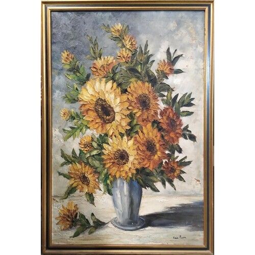 VAN DAM 'Sunflowers', oil on canvas, signed, 49cm x 75cm, fr...