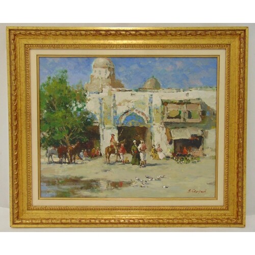 Valery Sekert framed oil on panel of Eastern Market Square, ...
