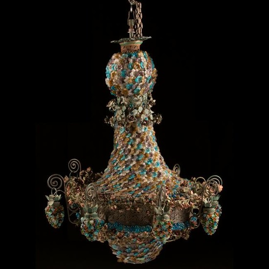 Venetian Colored Glass and Wrought Iron Chandelier.