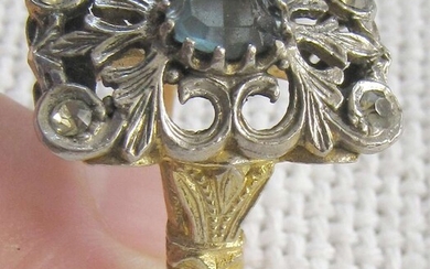 Victorian antique filigree silver and pinchbeck ring set with sapphire and rhinestones, size: 8