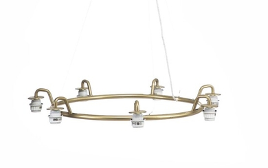 SOLD. Vilhelm Lauritzen: "Christiansborg". Chandelier of brass. One shade of frosted glass included. – Bruun Rasmussen Auctioneers of Fine Art
