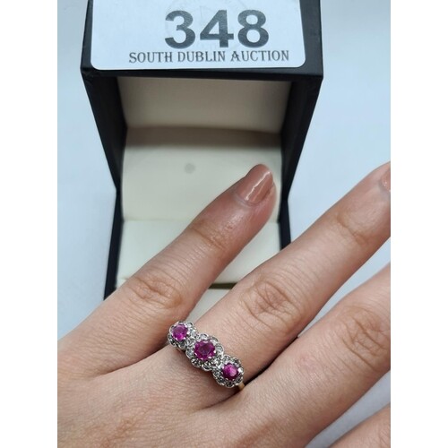 Vintage 18ct yellow gold ruby and diamond triple cluster rin...
