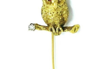 Vintage 18k Yellow Gold Ruby Owl Pin