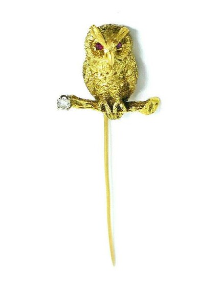Vintage 18k Yellow Gold Ruby Owl Pin