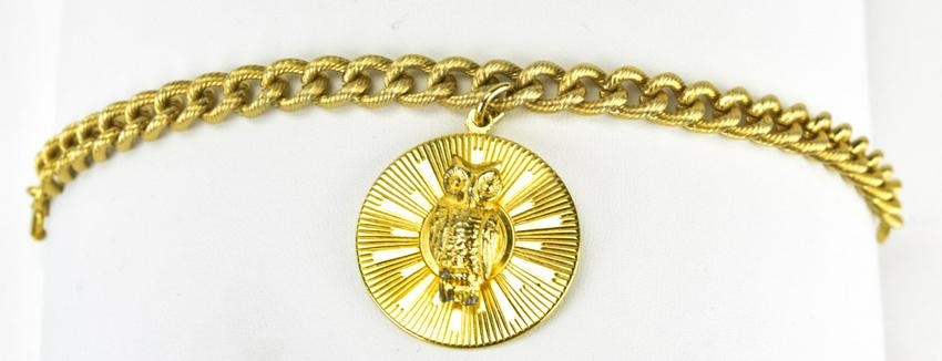 Vintage Gilt Metal Bracelet w Large Owl Pendant