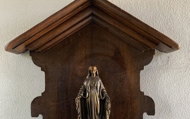 Virgin Mary Welcoming Bronze Patina Spelter Figure on Oak Altar