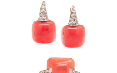 WHITE GOLD, CORAL AND DIAMOND SET