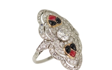 White gold ring with diamonds and enamel in Art Deco...