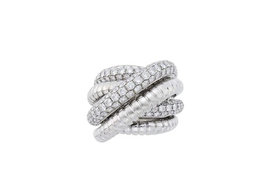 Wide White Gold and Diamond Six Row Overlapping Bombé Ring