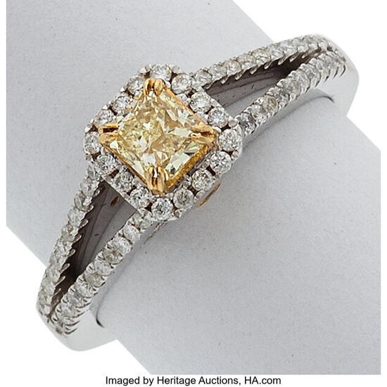 Yellow Diamond, Diamond, White Gold Ring Stones: Square brilliant-cut...