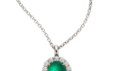 Zambian Emerald, Diamond, Platinum, Gold Pendant-Necklace Stones: Emerald cabochon...