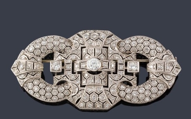 Broche - placa con diamantes talla brillante y rosa realizado en oro blanco de 18K.