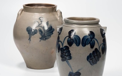 Two Cobalt-decorated Stoneware Jars, 19th century, a two-gallon Pennsylvania jar with cobalt flower decoration and a three-gallon N. Cl