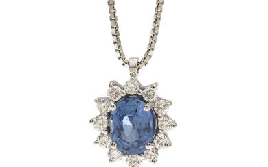 A sapphire and diamond necklace set with an oval-cut sapphire weighing app. 2.13 ct. encircled by numerous brilliant-cut diamonds, mounted in 18k white gold.