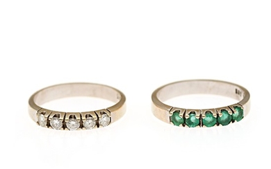 Two rings respectivery set with five brilliant-cut diamonds and five circular-cut emeralds, mounted in 14k gold. Size 54.