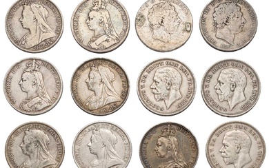 12x UK Silver Crowns, comprising; 2x George III, date unclear...