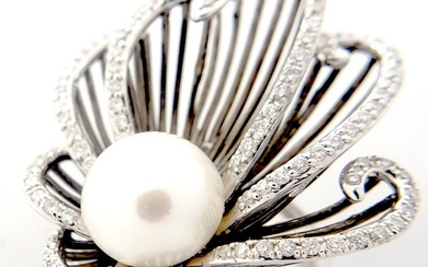 14 kt. White gold - Ring - 4.80 ct Freshwater Pearl - Diamonds