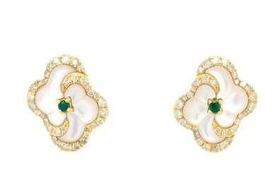 14 kt. Yellow gold - Earrings, Set - 0.64 ct Diamond - Emeralds, Mother of Pearl