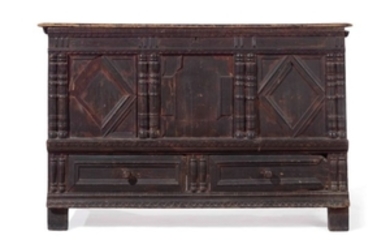 THE HONORABLE PETER THACHER TURNED AND JOINED OAK AND PINE CHEST OVER DRAWERS, PLYMOUTH OR BARNSTABLE COUNTY, MASSACHUSETTS, CIRCA 1690