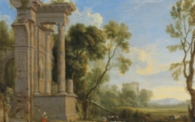 Pierre Patel (Picardy c. 1605-1676 Paris), An Italianate river landscape with figures resting by ruins with their herd