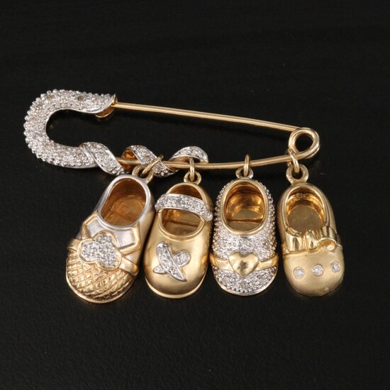 14K Diamond Baby Shoe Charms on Safety Pin
