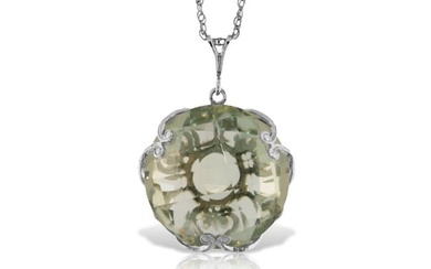 14K Solid White Gold Necklace With Checkerboard Cut Round Green Amethyst