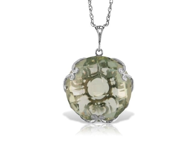 14K Solid White Gold Necklace With Checkerboard Cut Round Green Amethyst