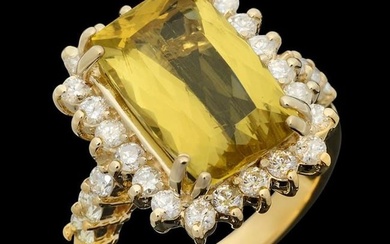 14K Yellow Gold 5.22ct Yellow Beryl and 1.17ct Diamond Ring