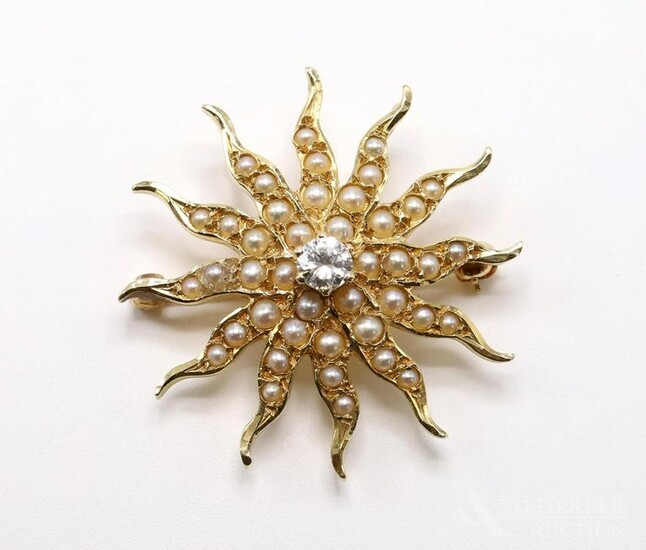 14KY Gold Diamond Pearl Sunburst Pin Pendant